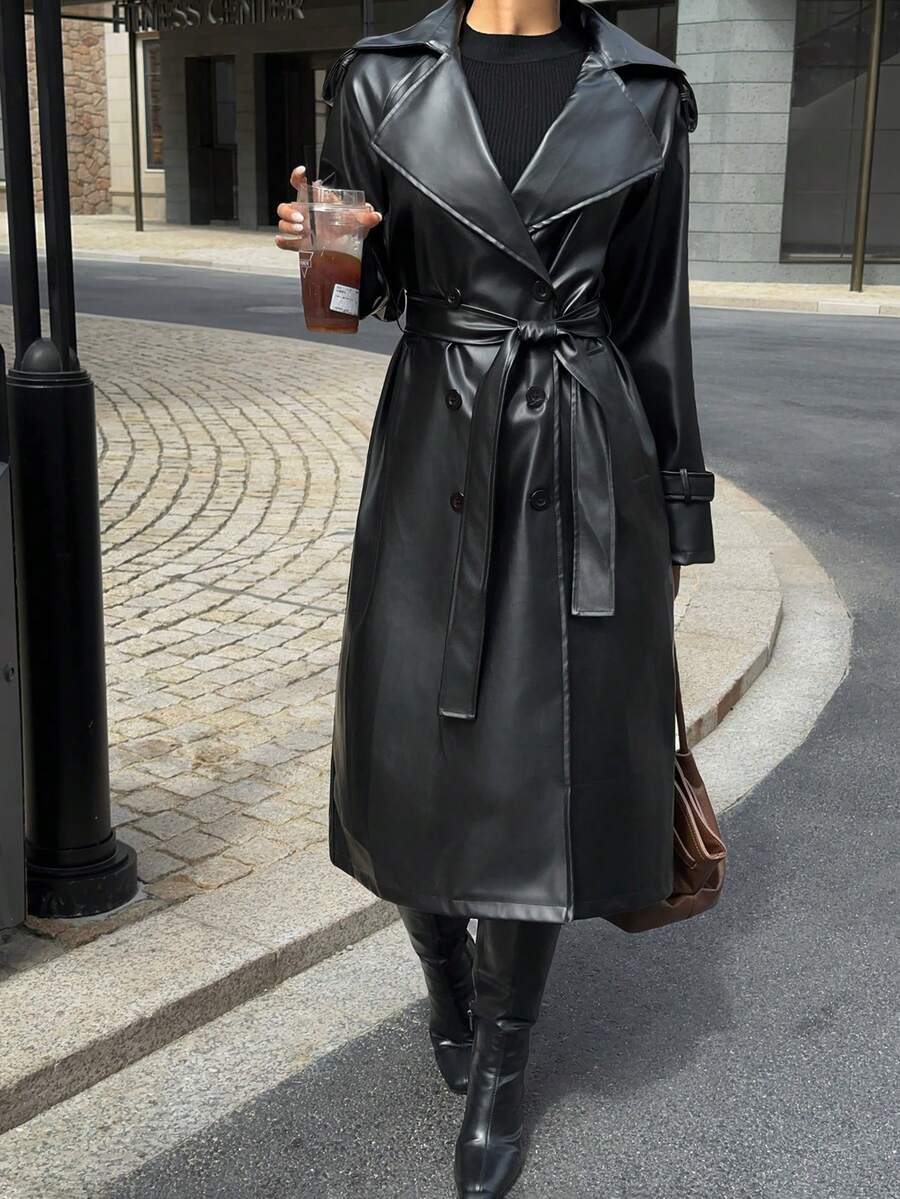 Lunelith  Lunessa Women's Fashionable Double-Breasted PU Trench Coat, Autumn