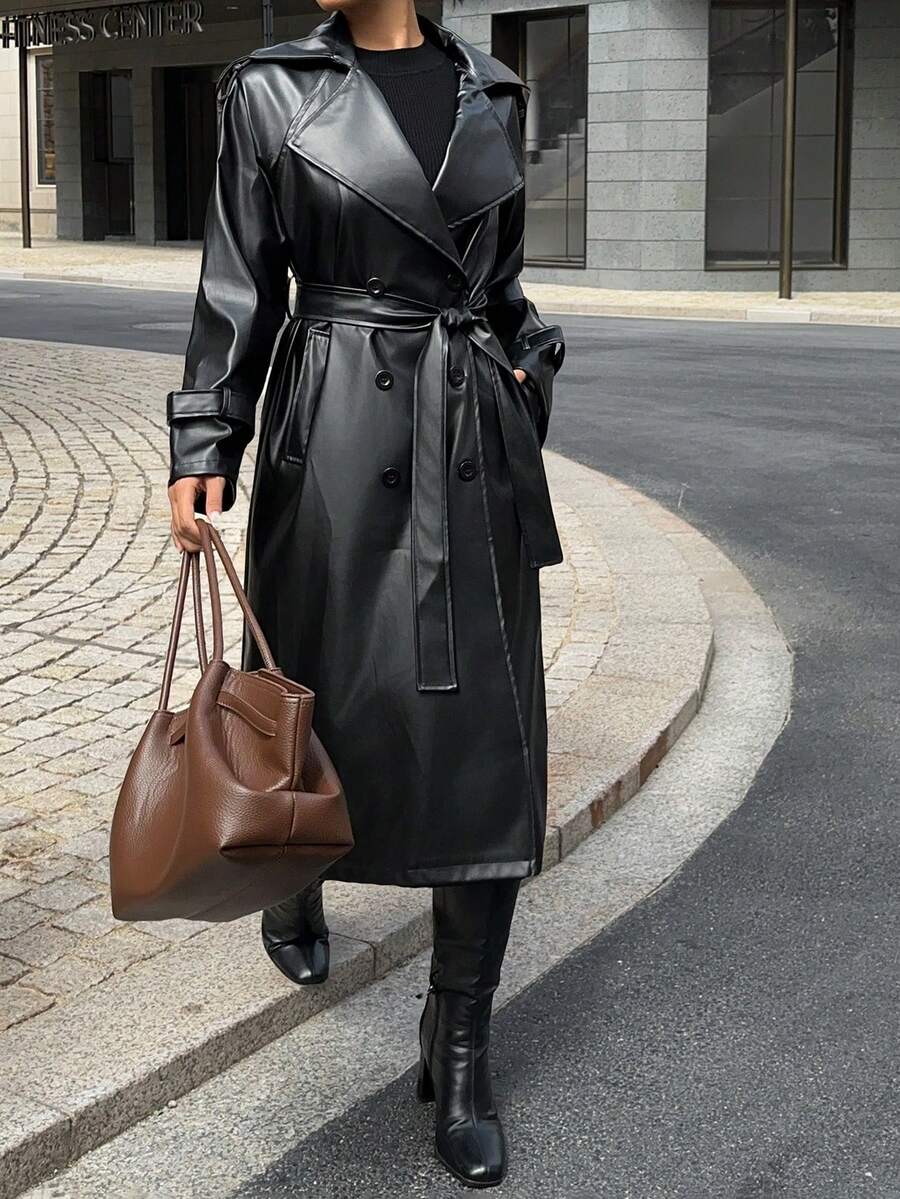 Lunelith  Lunessa Women's Fashionable Double-Breasted PU Trench Coat, Autumn