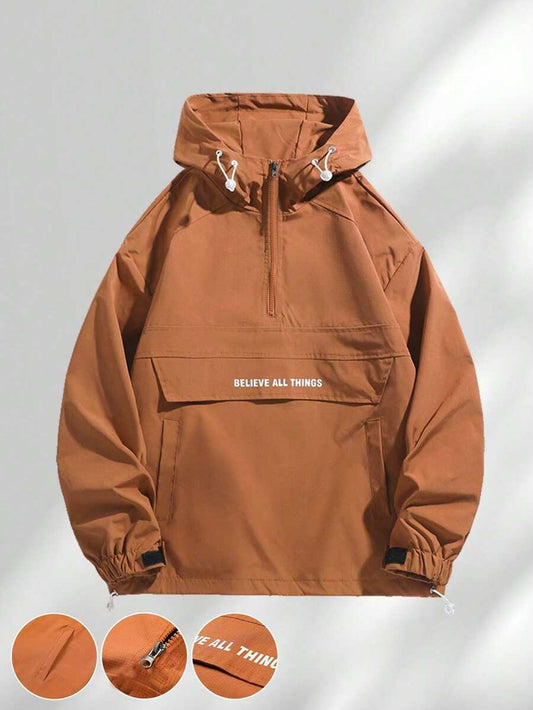 1pc Men's Hooded Half Zip Jacket, Streetwear Style, Letter Print, Drawstring Hooded, Half Zip, Large Pockets, Loose Fit, Casual, Commuting, Outdoor, Versatile, Fall