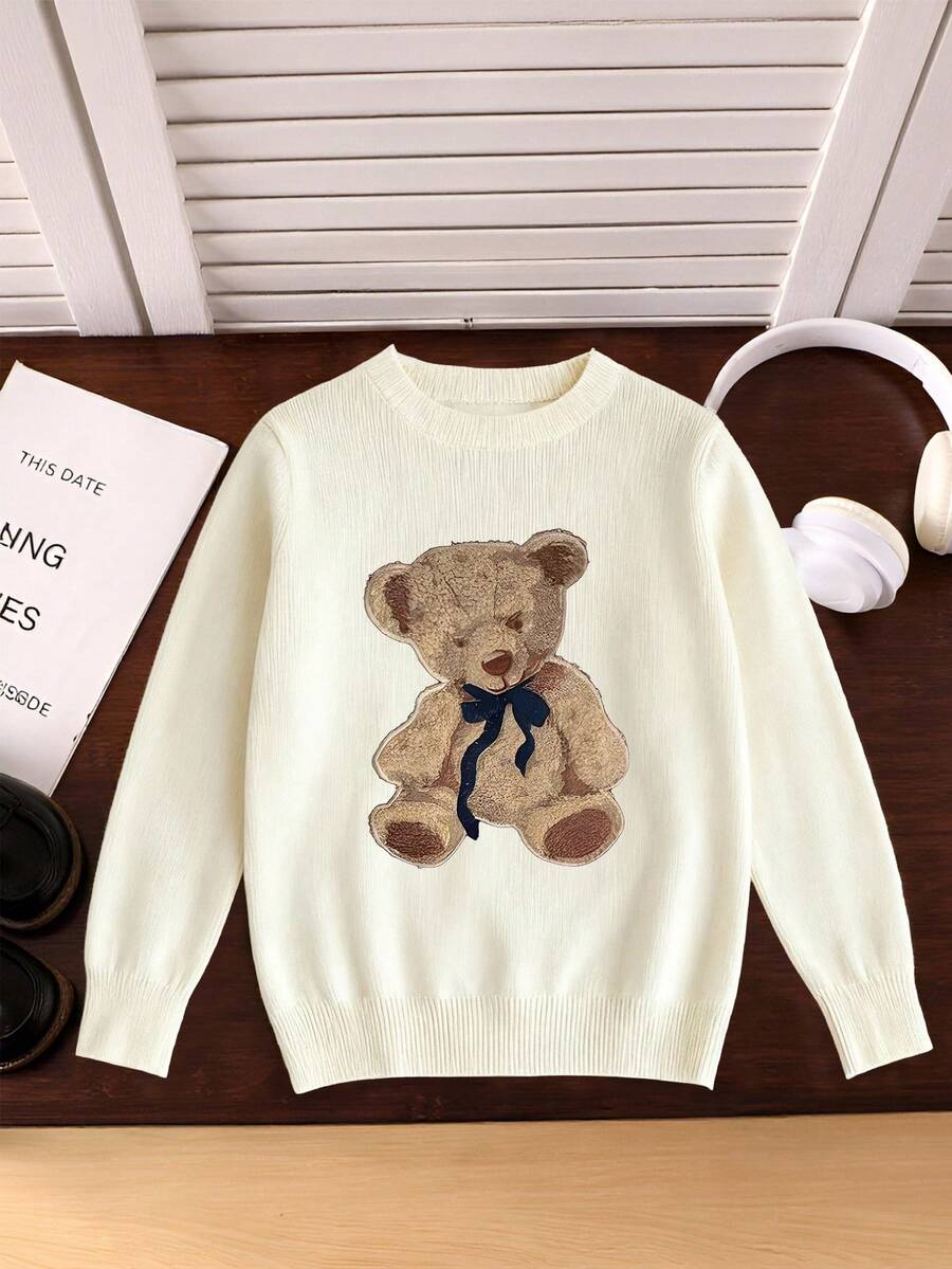 1pc Girls Casual Vintage Leopard Print Bow Graphic Long Sleeve Sweater, Suitable For Autumn/Winter Everyday Indoor