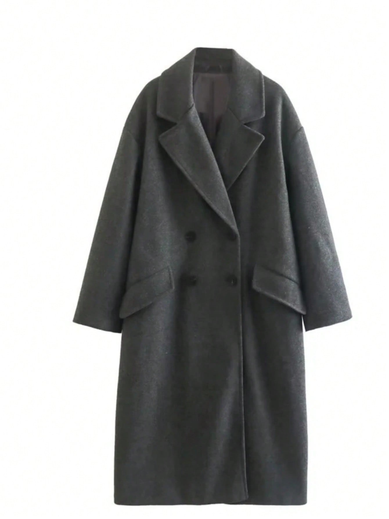 Women's Elegant Long Solid Color Long Sleeve Pocket Woolen Windbreaker Coat, Double-Breasted Overcoat, Gray Jacket, Suitable For Thanksgiving, Fall, Winter, Christmas Outfits