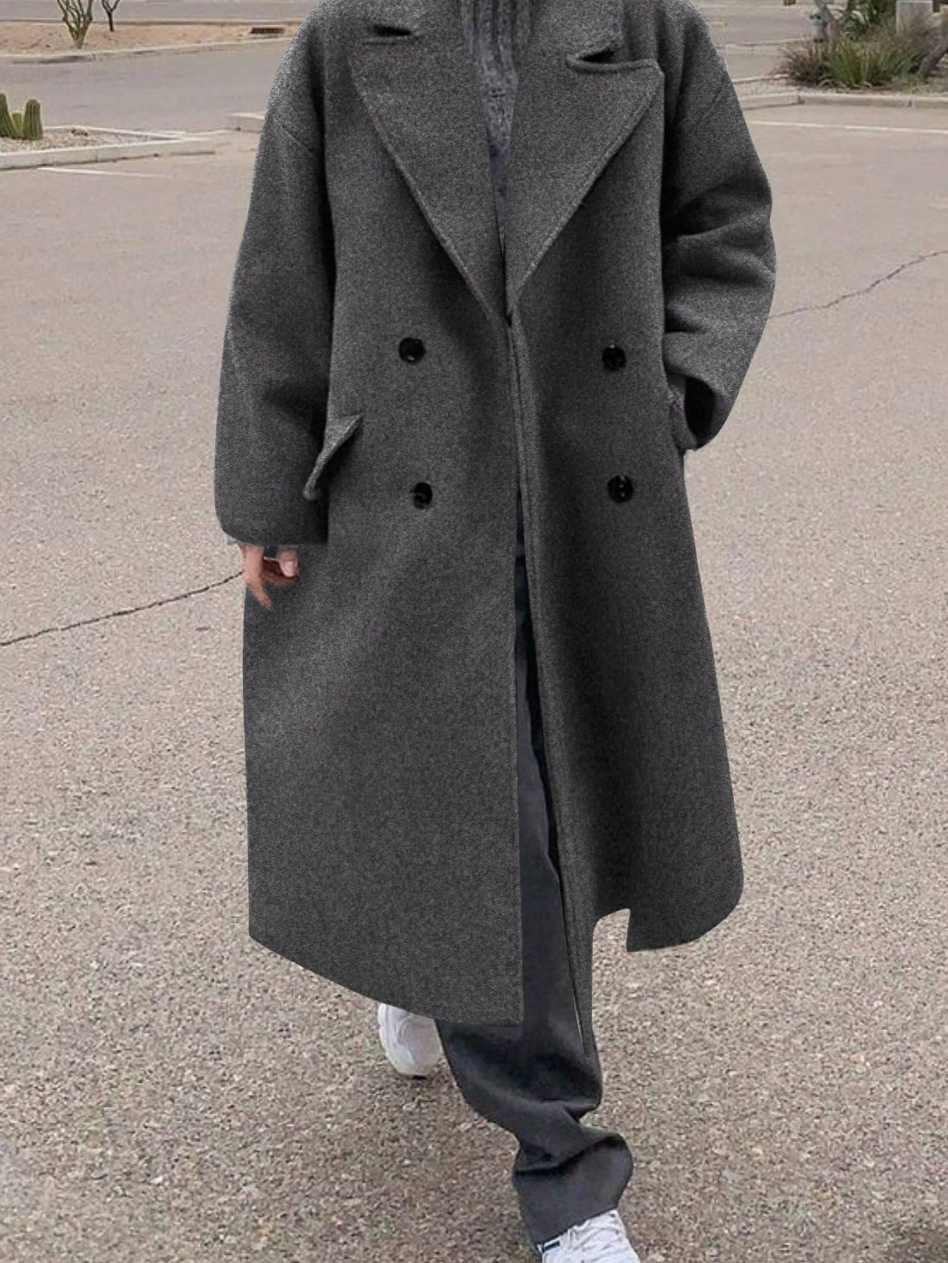Women's Elegant Long Solid Color Long Sleeve Pocket Woolen Windbreaker Coat, Double-Breasted Overcoat, Gray Jacket, Suitable For Thanksgiving, Fall, Winter, Christmas Outfits