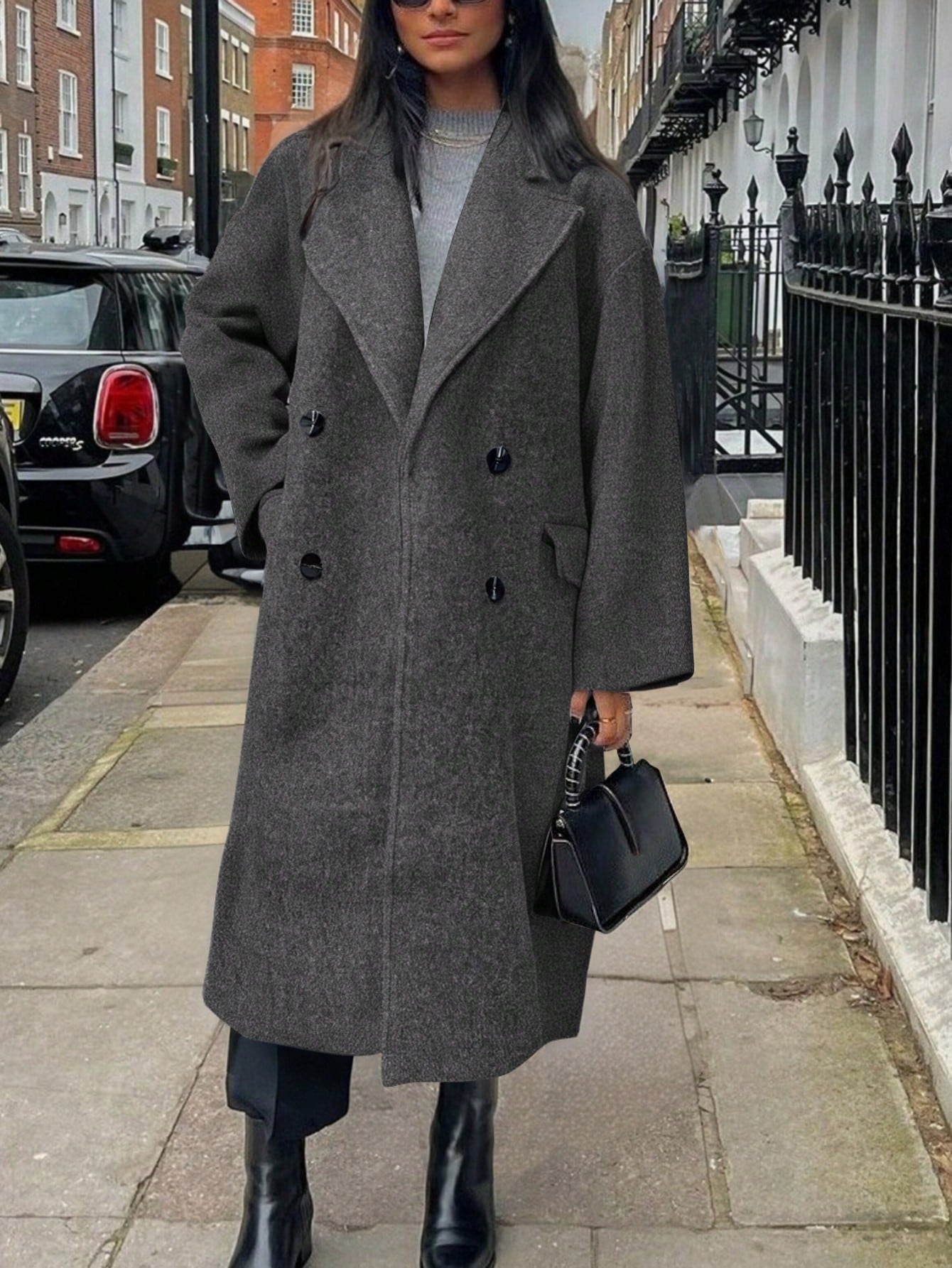 Women's Elegant Long Solid Color Long Sleeve Pocket Woolen Windbreaker Coat, Double-Breasted Overcoat, Gray Jacket, Suitable For Thanksgiving, Fall, Winter, Christmas Outfits