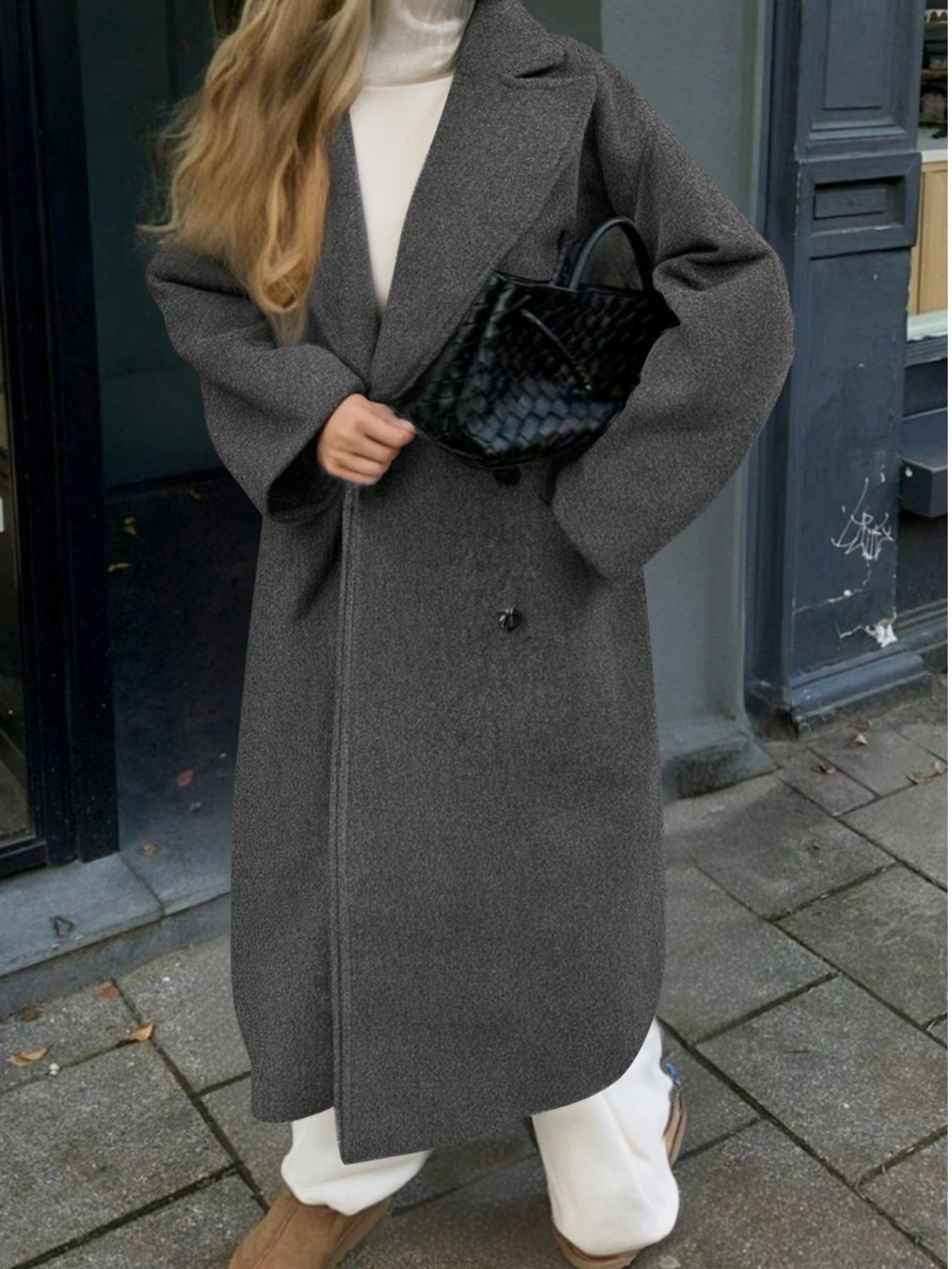 Women's Elegant Long Solid Color Long Sleeve Pocket Woolen Windbreaker Coat, Double-Breasted Overcoat, Gray Jacket, Suitable For Thanksgiving, Fall, Winter, Christmas Outfits