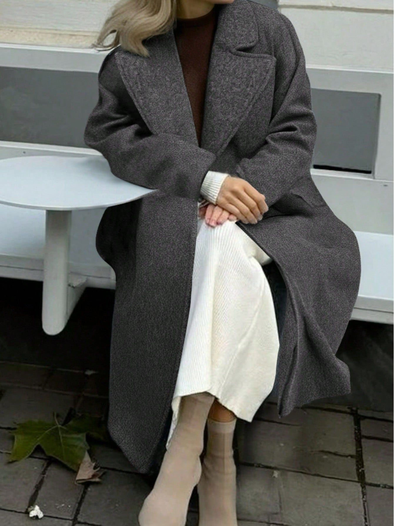 Women's Elegant Long Solid Color Long Sleeve Pocket Woolen Windbreaker Coat, Double-Breasted Overcoat, Gray Jacket, Suitable For Thanksgiving, Fall, Winter, Christmas Outfits
