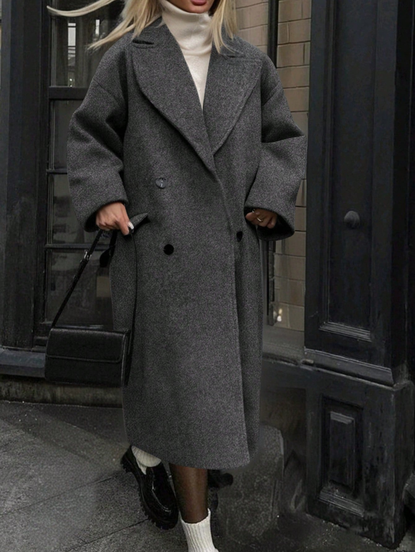 Women's Elegant Long Solid Color Long Sleeve Pocket Woolen Windbreaker Coat, Double-Breasted Overcoat, Gray Jacket, Suitable For Thanksgiving, Fall, Winter, Christmas Outfits
