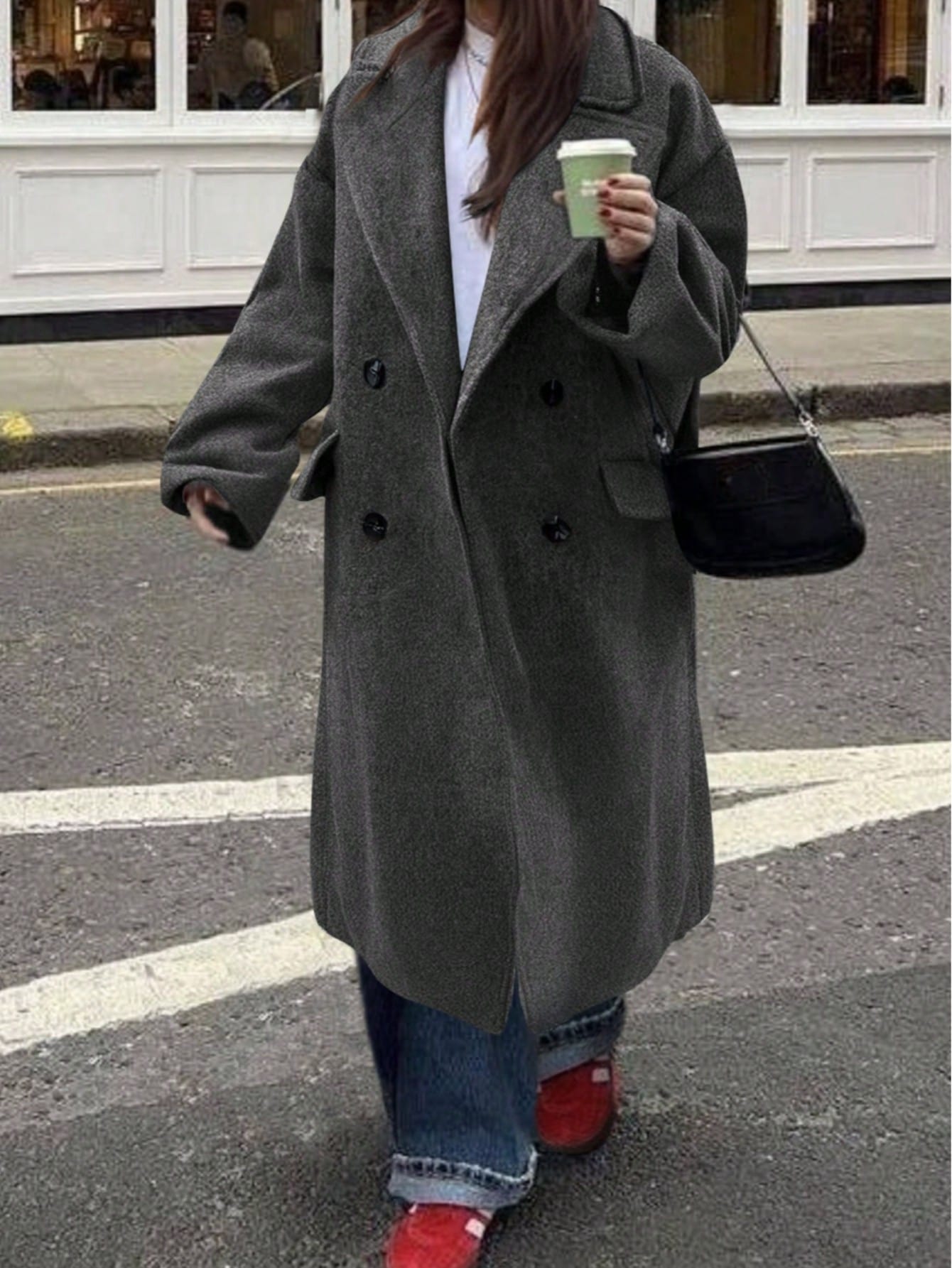 Women's Elegant Long Solid Color Long Sleeve Pocket Woolen Windbreaker Coat, Double-Breasted Overcoat, Gray Jacket, Suitable For Thanksgiving, Fall, Winter, Christmas Outfits