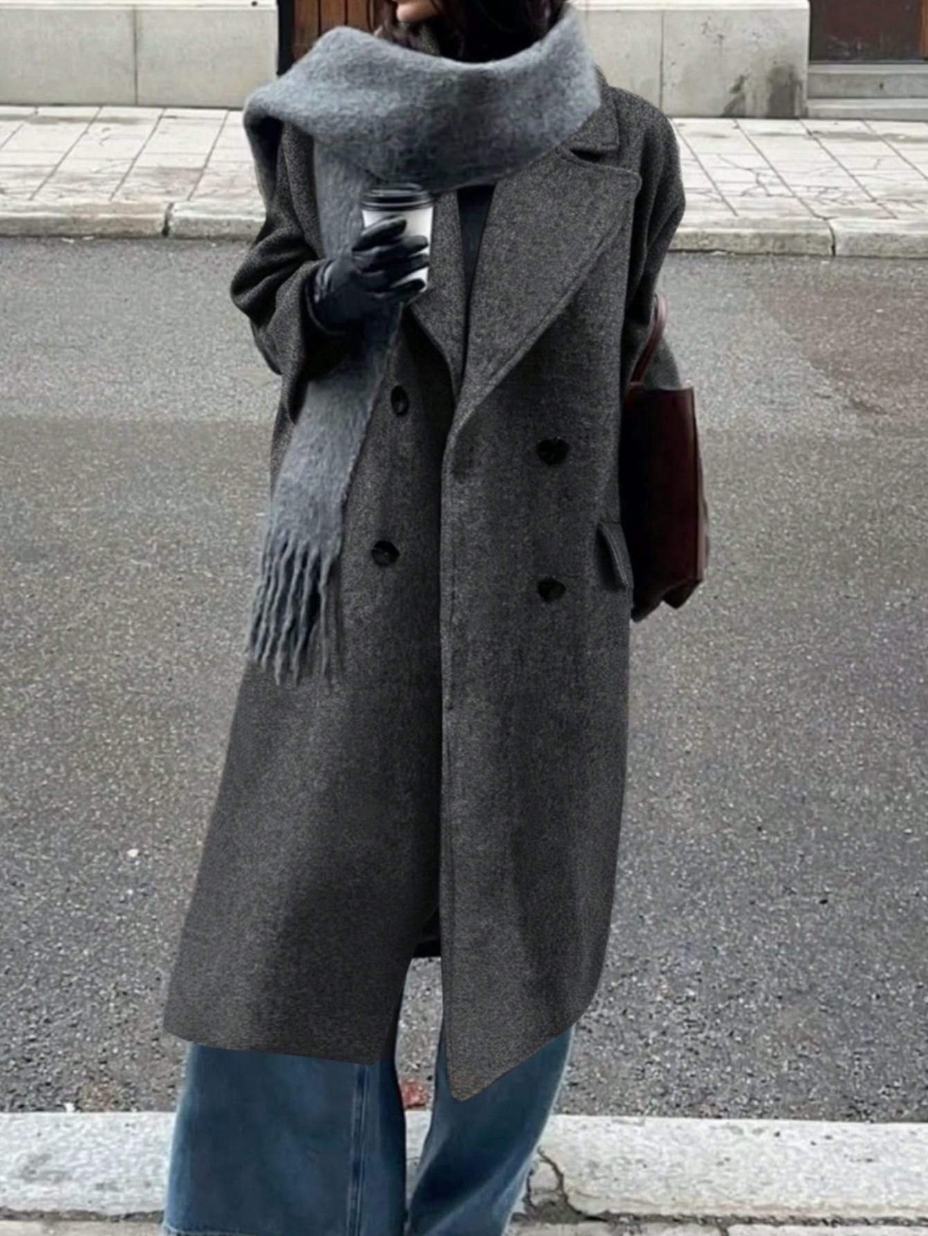 Women's Elegant Long Solid Color Long Sleeve Pocket Woolen Windbreaker Coat, Double-Breasted Overcoat, Gray Jacket, Suitable For Thanksgiving, Fall, Winter, Christmas Outfits