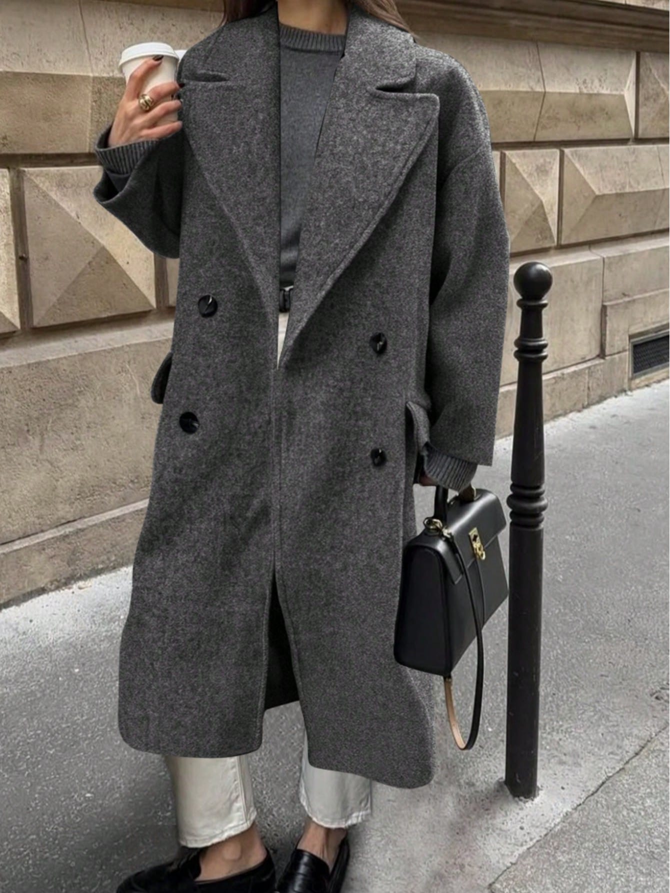 Women's Elegant Long Solid Color Long Sleeve Pocket Woolen Windbreaker Coat, Double-Breasted Overcoat, Gray Jacket, Suitable For Thanksgiving, Fall, Winter, Christmas Outfits