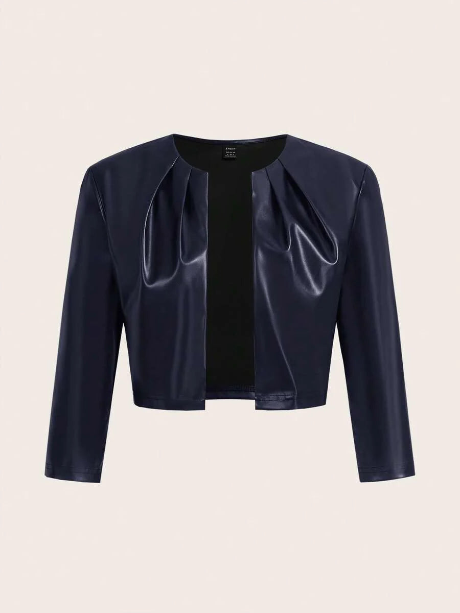 SHEIN Essence Women's Fashionable Commuter Solid Color Cropped Leather Jacket