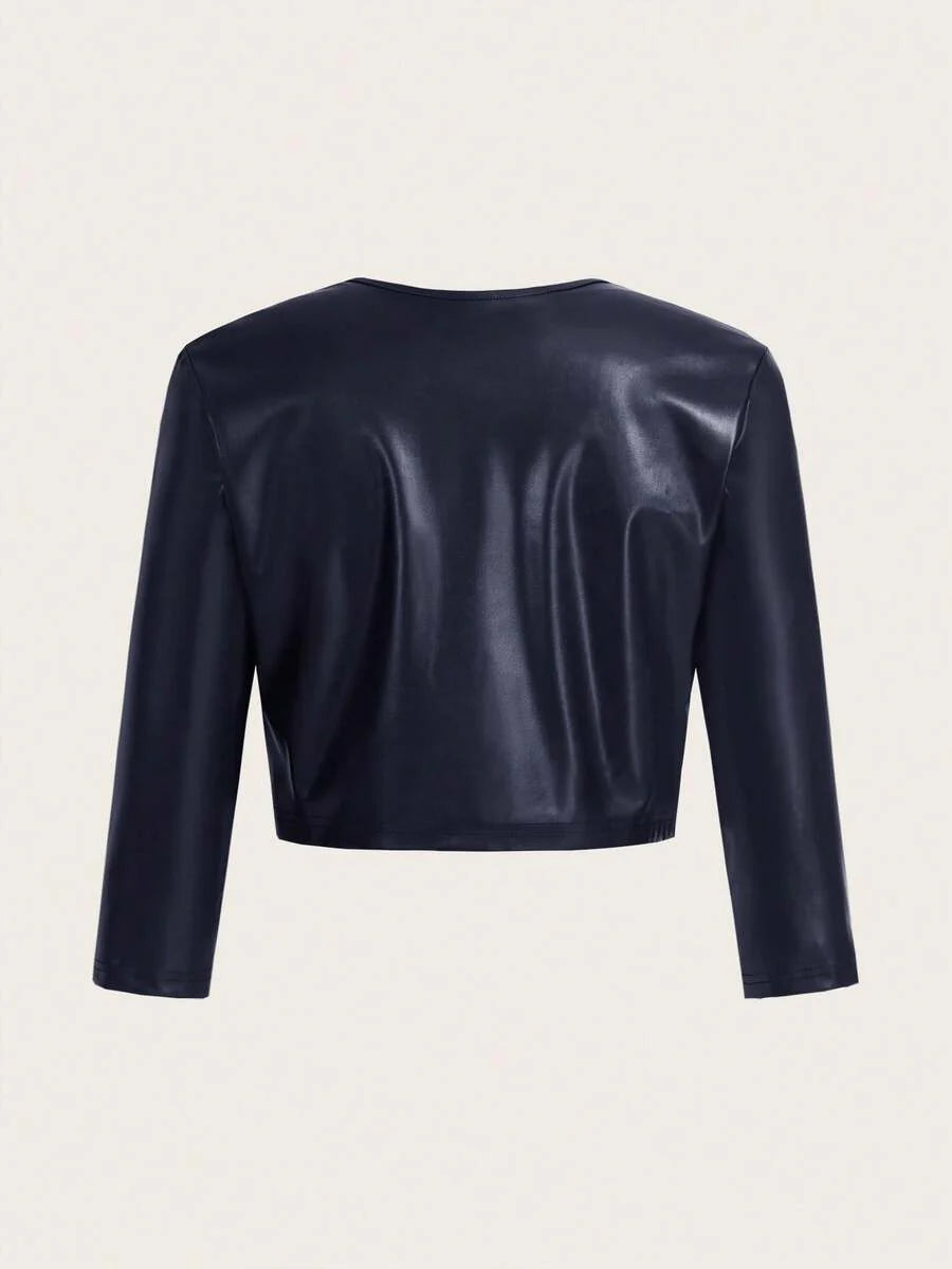 SHEIN Essence Women's Fashionable Commuter Solid Color Cropped Leather Jacket