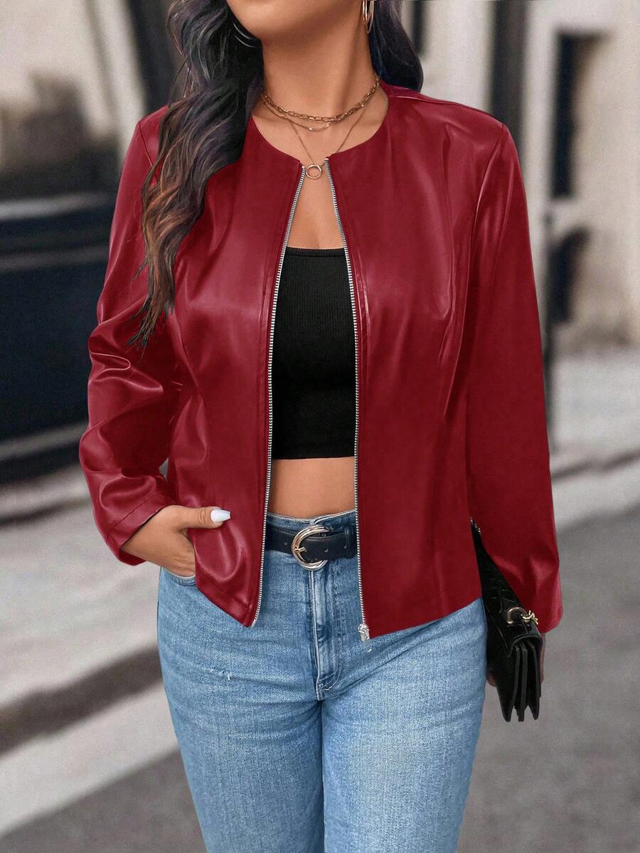 SHEIN PETITE Petite Women Casual Street Style Cropped PU Leather Jacket