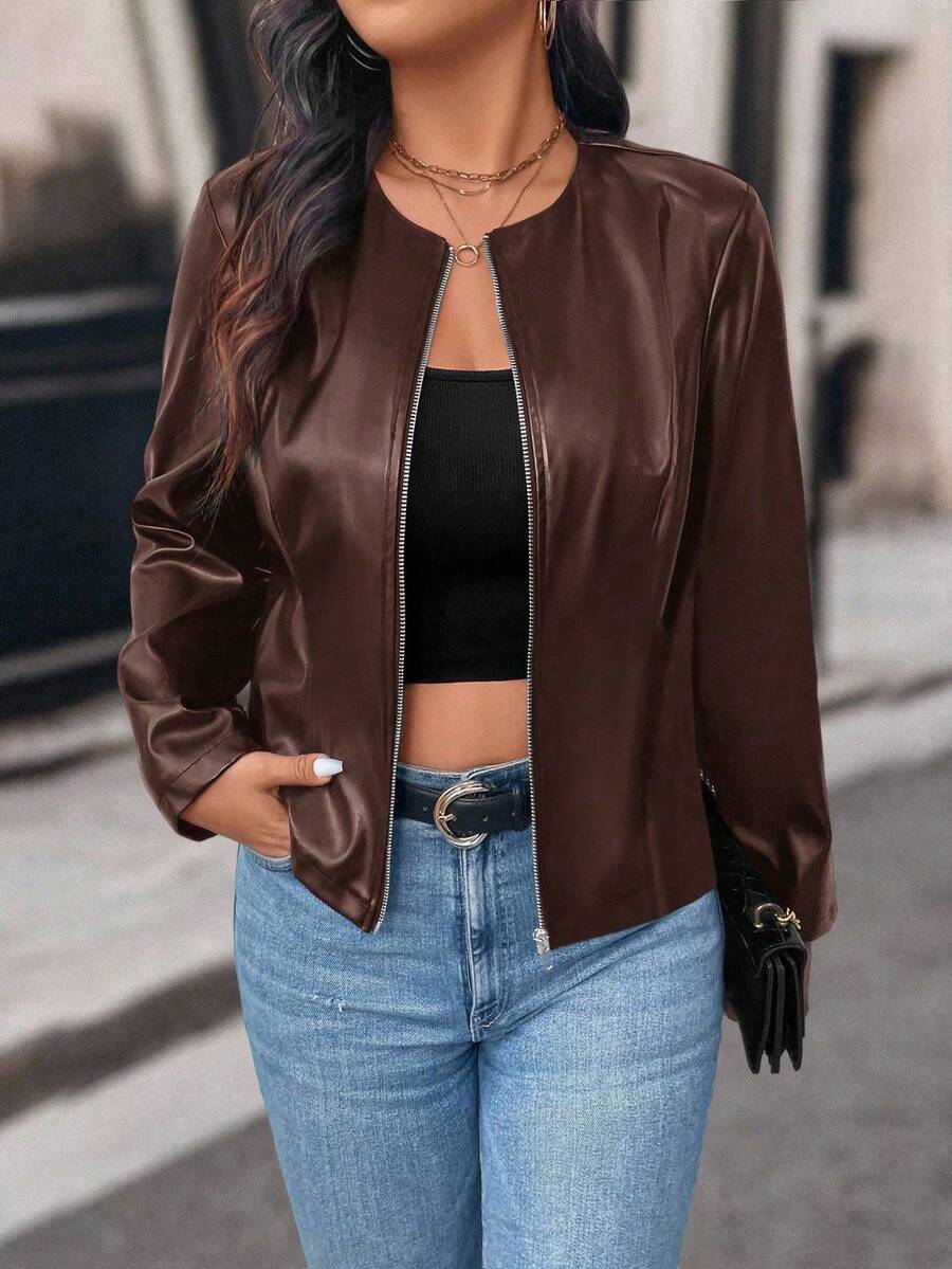 SHEIN PETITE Petite Women Casual Street Style Cropped PU Leather Jacket