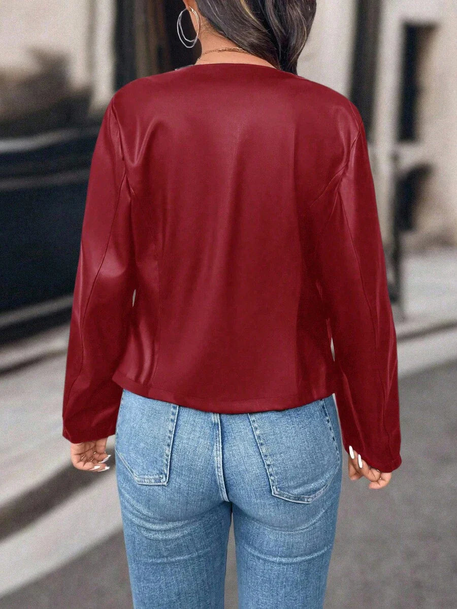 SHEIN PETITE Petite Women Casual Street Style Cropped PU Leather Jacket