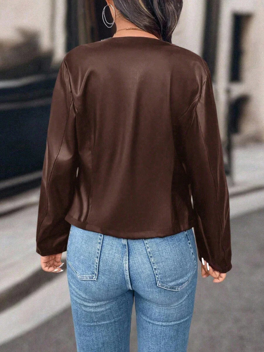 SHEIN PETITE Petite Women Casual Street Style Cropped PU Leather Jacket