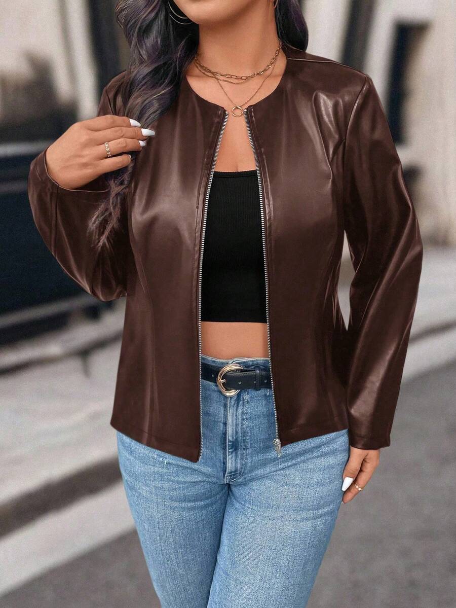 SHEIN PETITE Petite Women Casual Street Style Cropped PU Leather Jacket