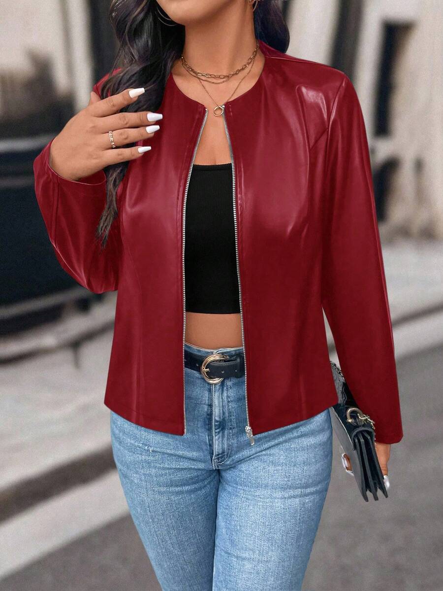 SHEIN PETITE Petite Women Casual Street Style Cropped PU Leather Jacket