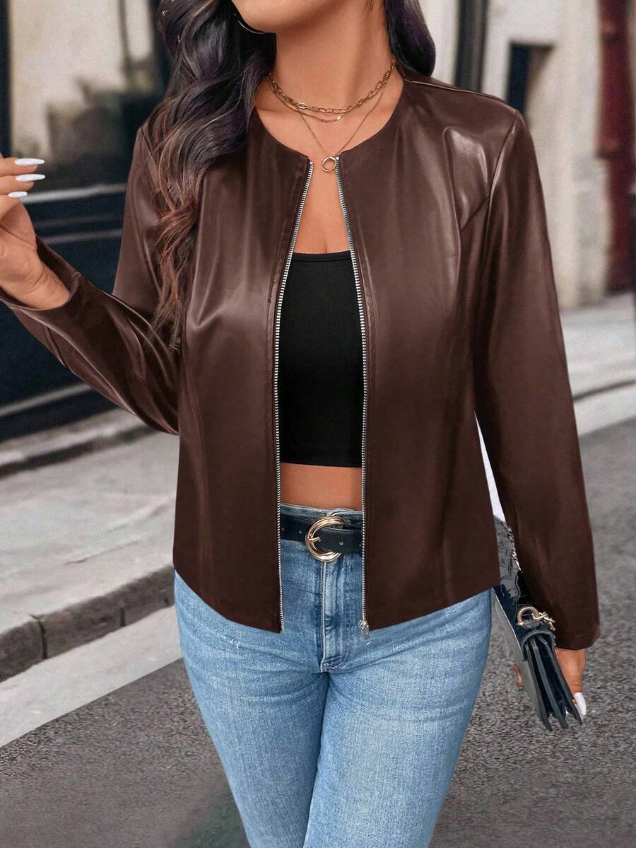 SHEIN PETITE Petite Women Casual Street Style Cropped PU Leather Jacket