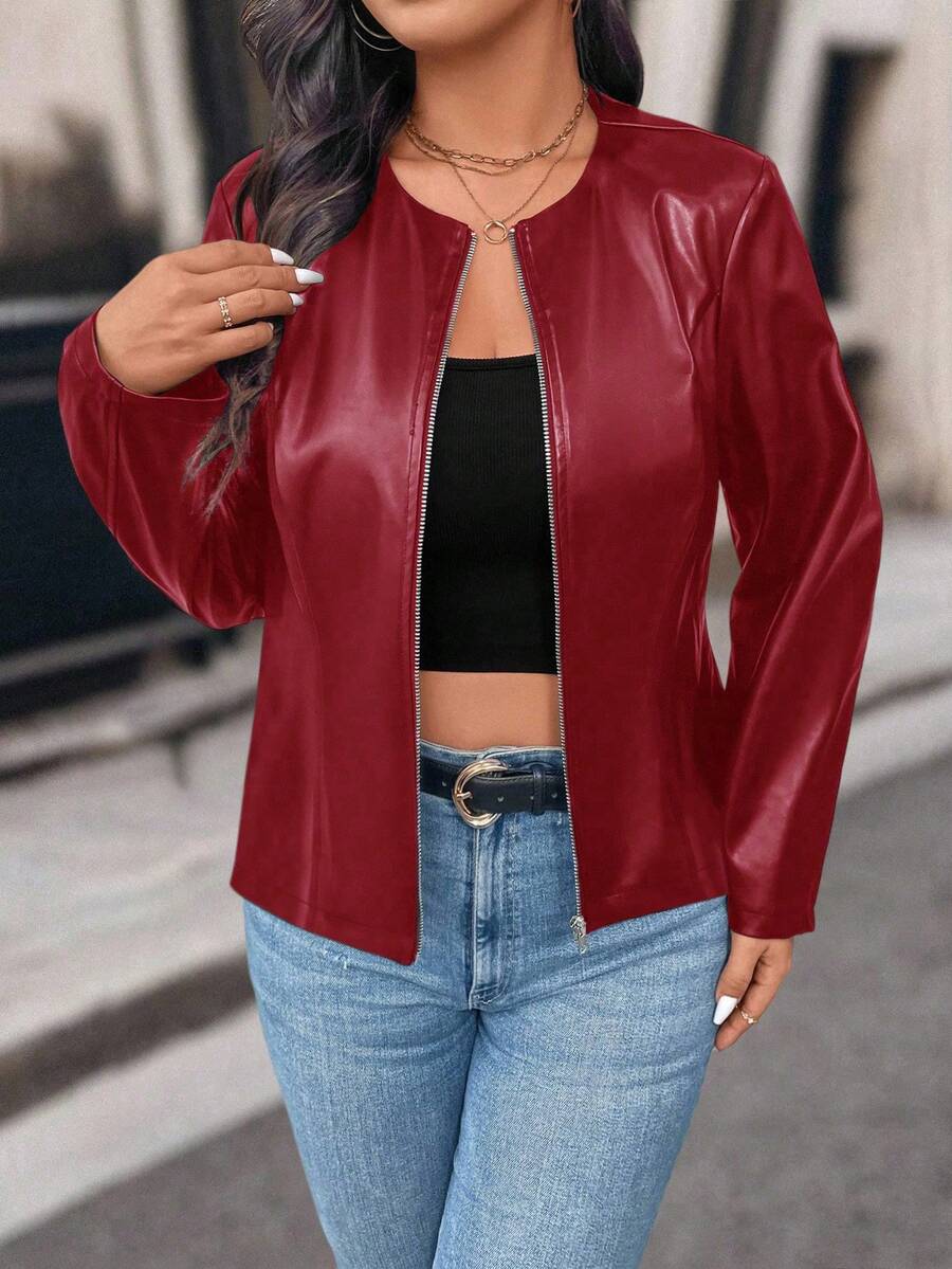 SHEIN PETITE Petite Women Casual Street Style Cropped PU Leather Jacket