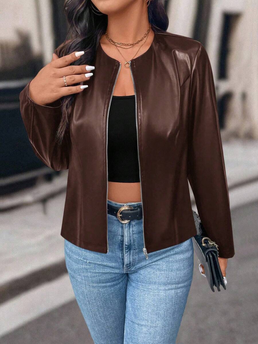 SHEIN PETITE Petite Women Casual Street Style Cropped PU Leather Jacket