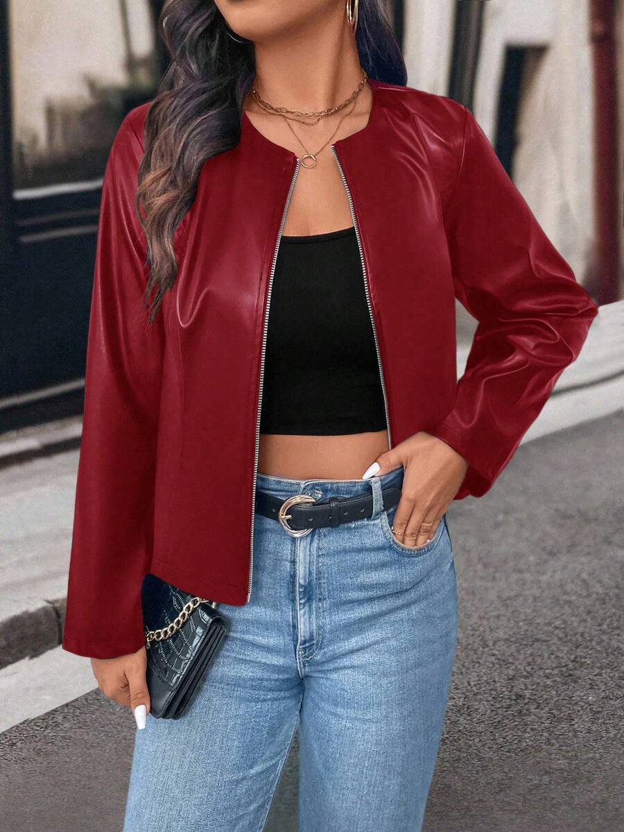SHEIN PETITE Petite Women Casual Street Style Cropped PU Leather Jacket