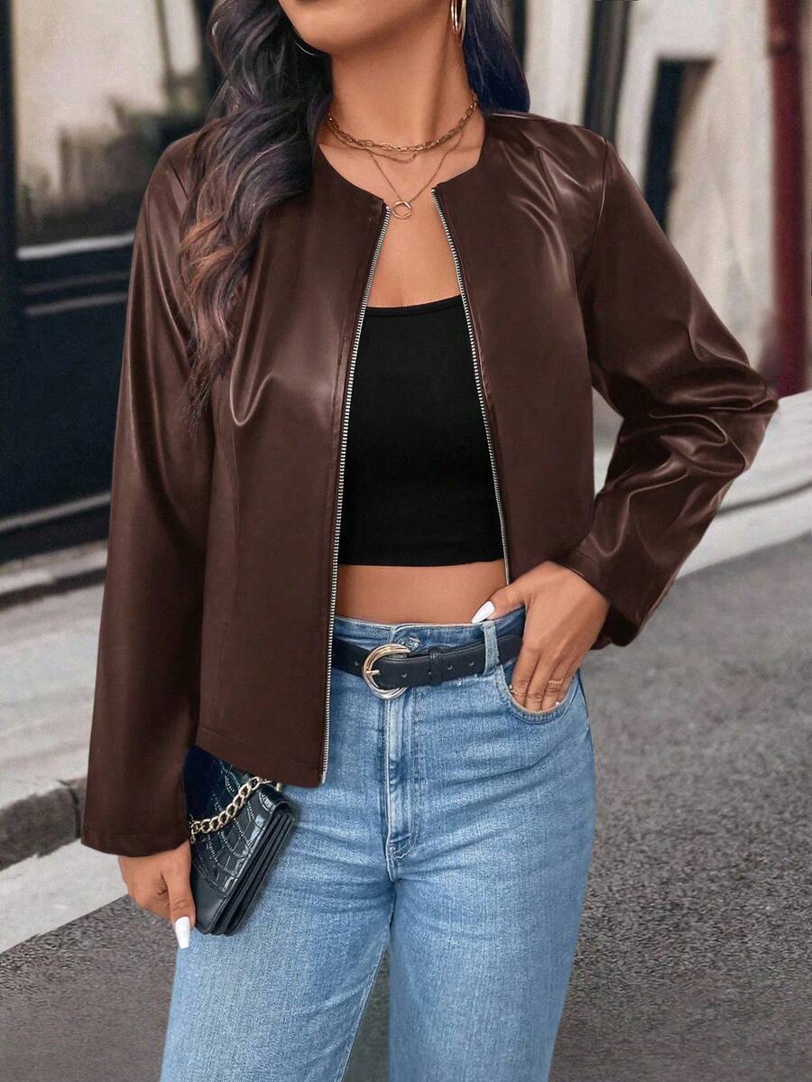 SHEIN PETITE Petite Women Casual Street Style Cropped PU Leather Jacket