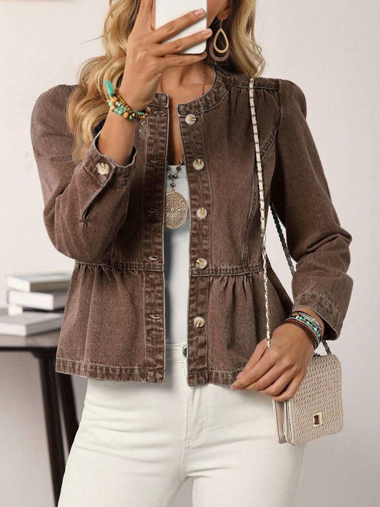 EMERY ROSE Women's Casual Denim Jacket With Long Sleeves, Single-Breasted