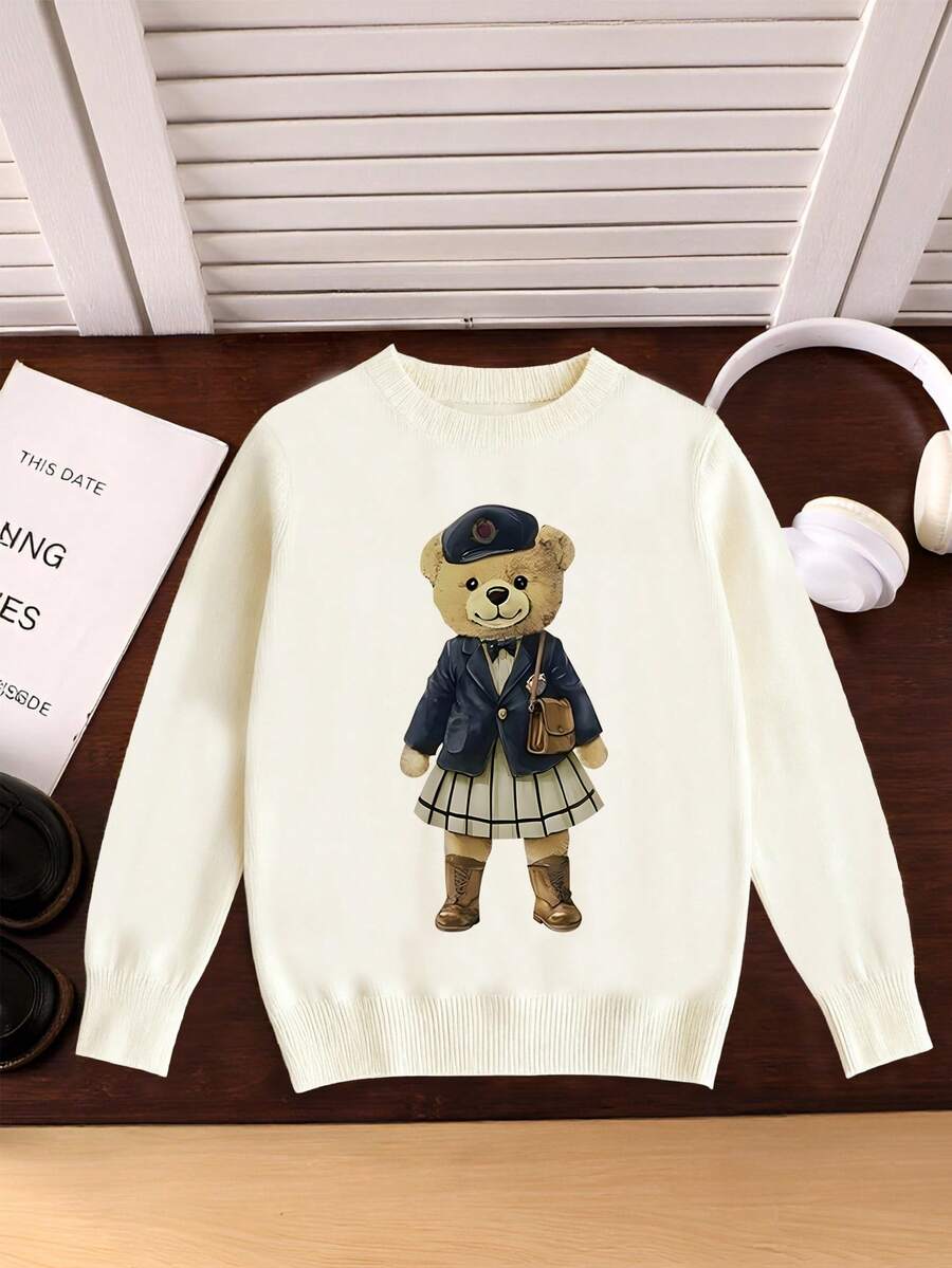 1pc Girls Casual Vintage Leopard Print Bow Graphic Long Sleeve Sweater, Suitable For Autumn/Winter Everyday Indoor
