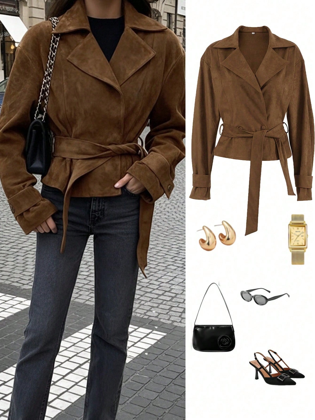 Women's Autumn/Winter French Suede Fleece Lapel Casual Double-Breasted Jacket With Tie-Waist, Fashion New Matte Fleece Slim Fit Elegant Retro Coat, Going Out Tops For Women