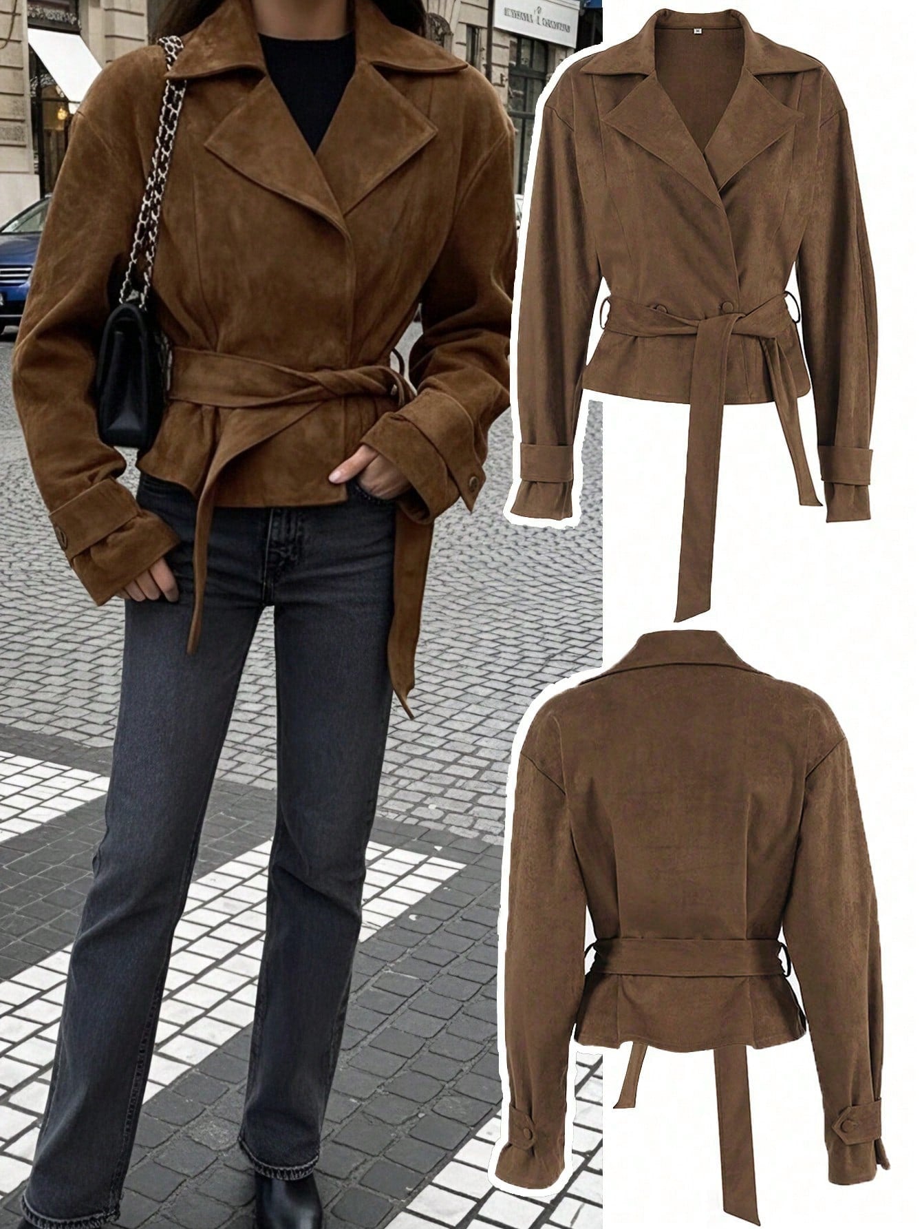 Women's Autumn/Winter French Suede Fleece Lapel Casual Double-Breasted Jacket With Tie-Waist, Fashion New Matte Fleece Slim Fit Elegant Retro Coat, Going Out Tops For Women