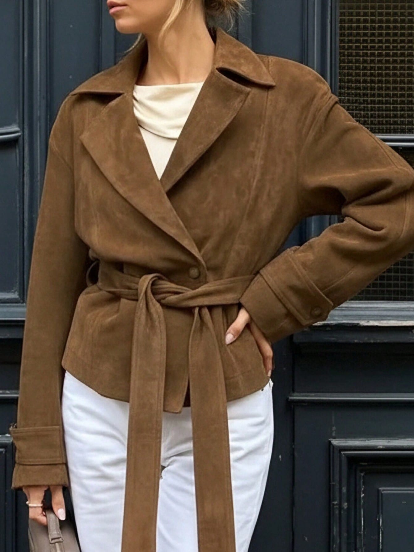 Women's Autumn/Winter French Suede Fleece Lapel Casual Double-Breasted Jacket With Tie-Waist, Fashion New Matte Fleece Slim Fit Elegant Retro Coat, Going Out Tops For Women