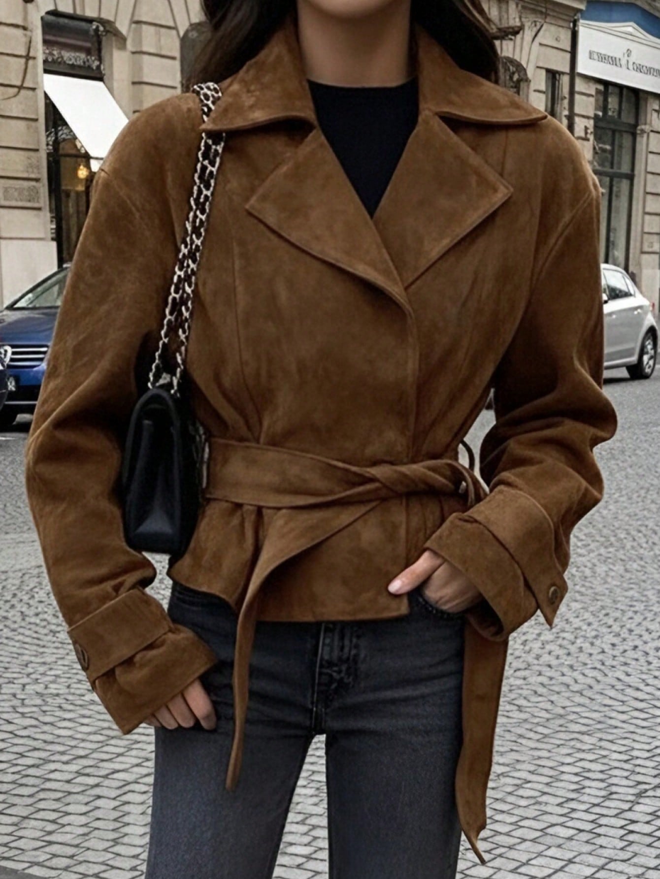 Women's Autumn/Winter French Suede Fleece Lapel Casual Double-Breasted Jacket With Tie-Waist, Fashion New Matte Fleece Slim Fit Elegant Retro Coat, Going Out Tops For Women