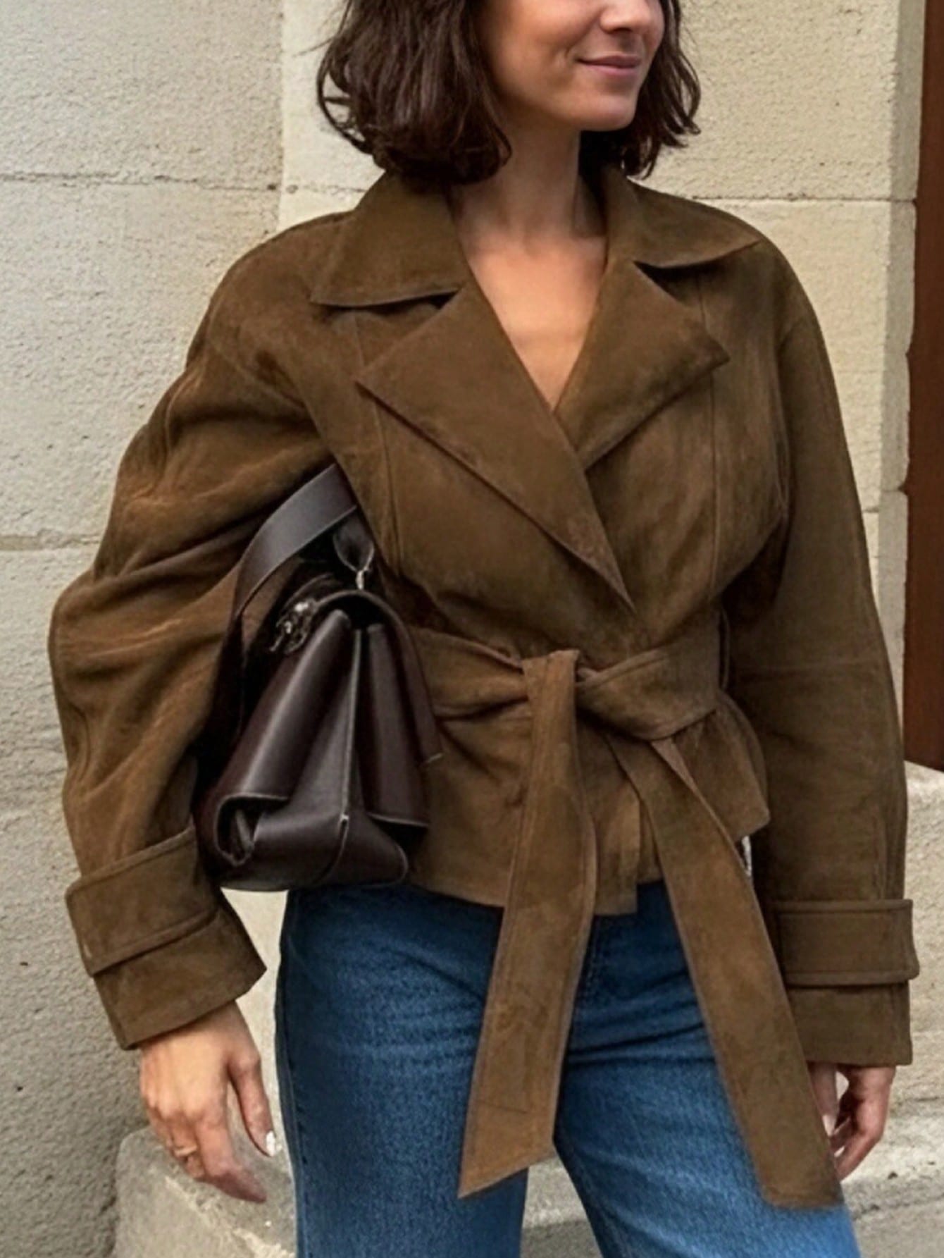 Women's Autumn/Winter French Suede Fleece Lapel Casual Double-Breasted Jacket With Tie-Waist, Fashion New Matte Fleece Slim Fit Elegant Retro Coat, Going Out Tops For Women