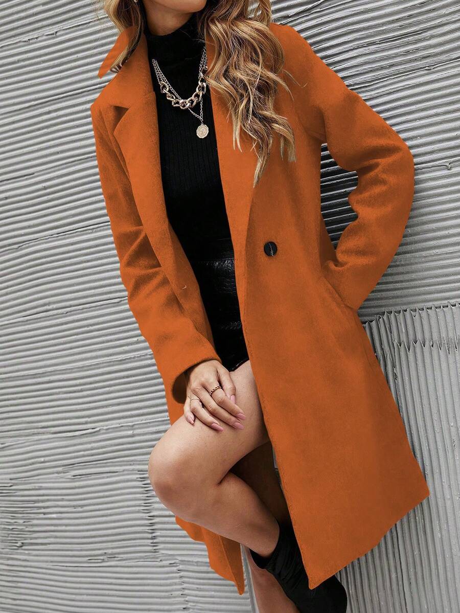 EMERY ROSE Women's Casual Solid Color Double-Breasted Overcoat, Autumn/Winter