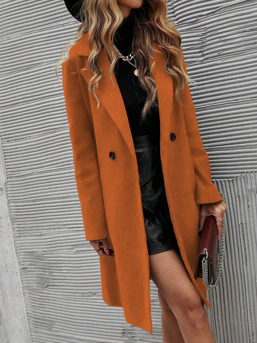 EMERY ROSE Women's Casual Solid Color Double-Breasted Overcoat, Autumn/Winter