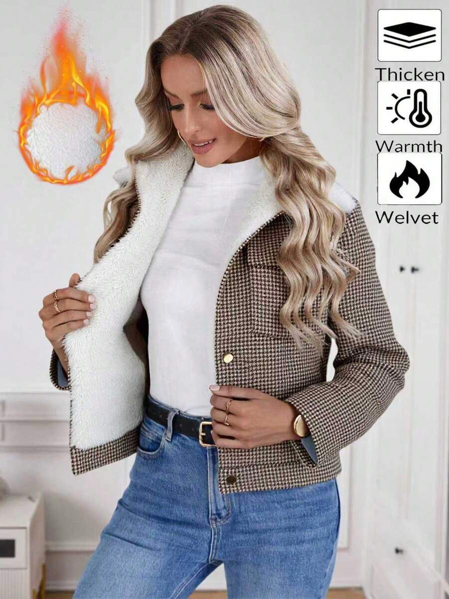 Louniche 1pc Solid Color Thermal Lined Front Zip Pocket Casual Long Sleeve Jacket Fall Winter Cloth For Women