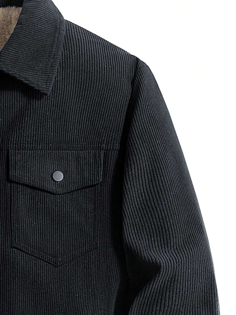 1pc Black Corduroy Thermal Lined Jacket, Outdoor Camping Style, Water-Resistant
