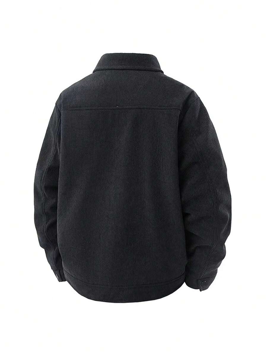 1pc Black Corduroy Thermal Lined Jacket, Outdoor Camping Style, Water-Resistant