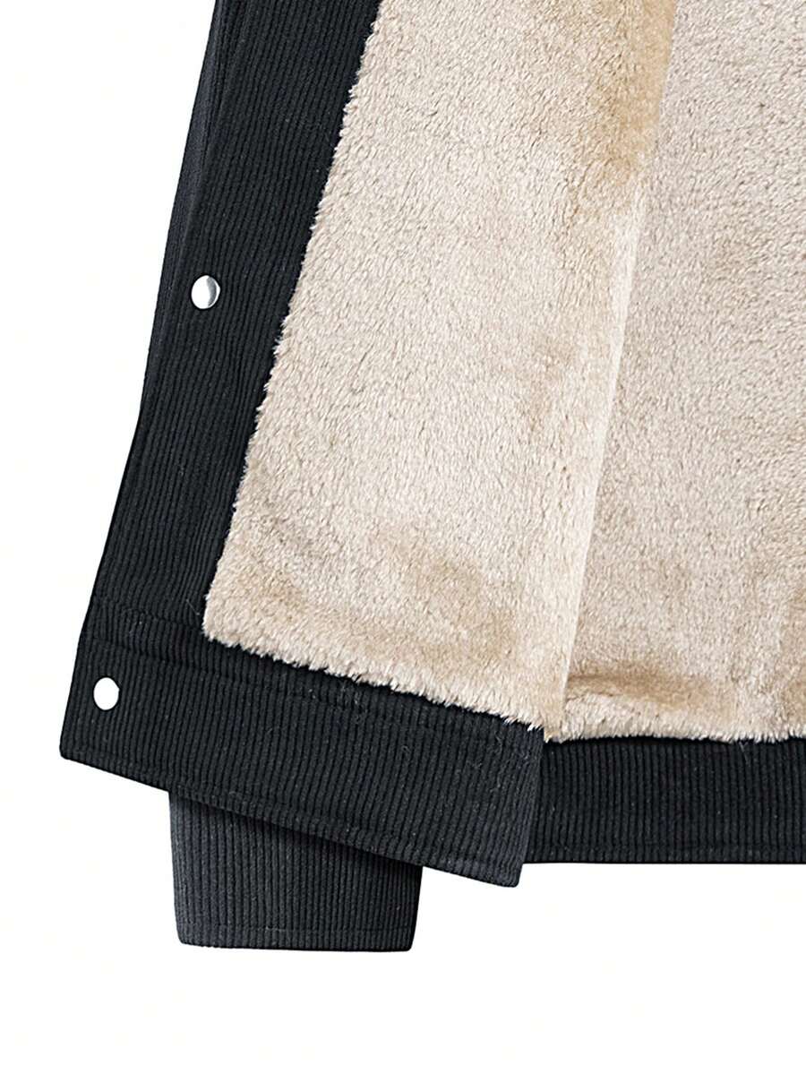 1pc Black Corduroy Thermal Lined Jacket, Outdoor Camping Style, Water-Resistant
