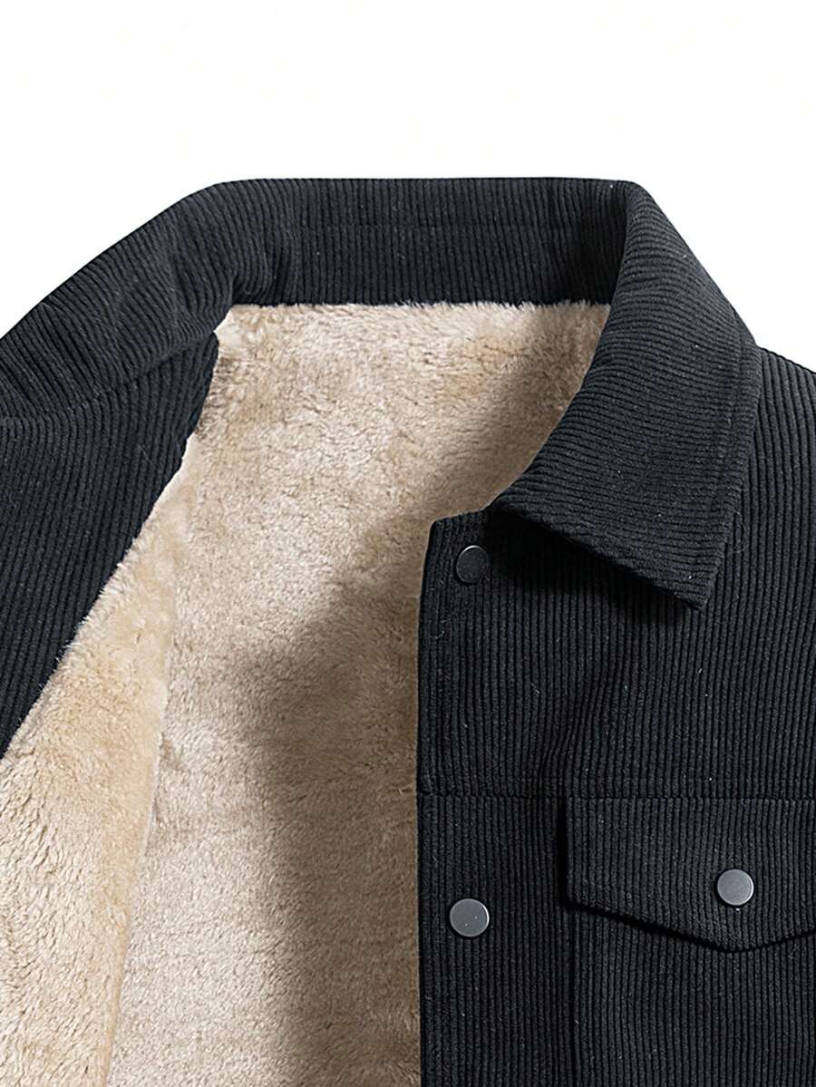 1pc Black Corduroy Thermal Lined Jacket, Outdoor Camping Style, Water-Resistant