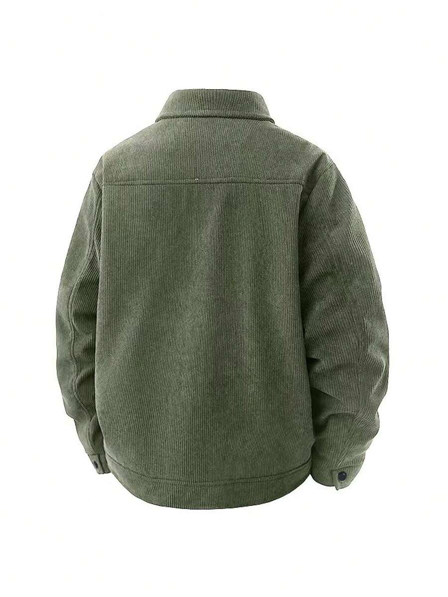 1pc Black Corduroy Thermal Lined Jacket, Outdoor Camping Style, Water-Resistant