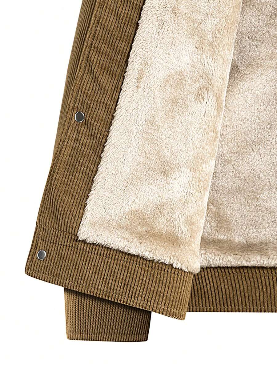 1pc Black Corduroy Thermal Lined Jacket, Outdoor Camping Style, Water-Resistant