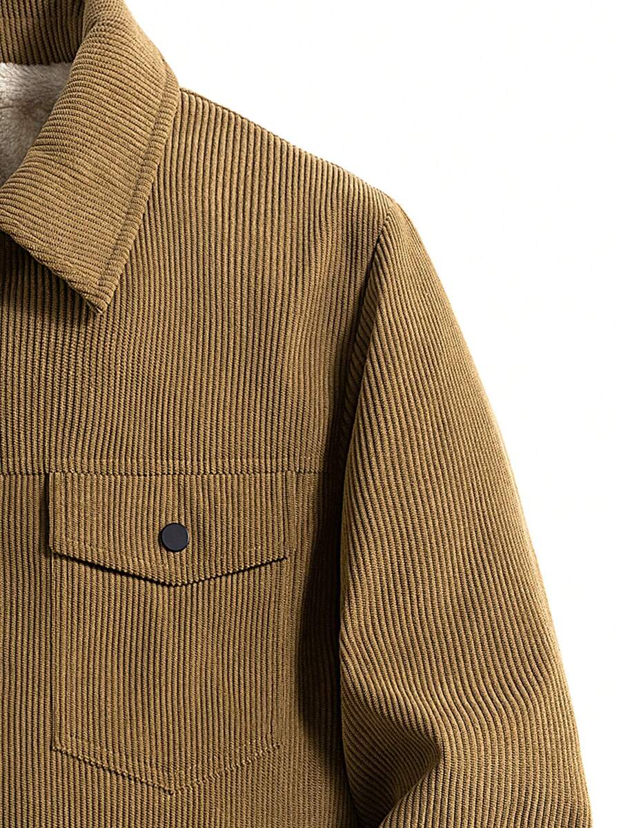 1pc Black Corduroy Thermal Lined Jacket, Outdoor Camping Style, Water-Resistant