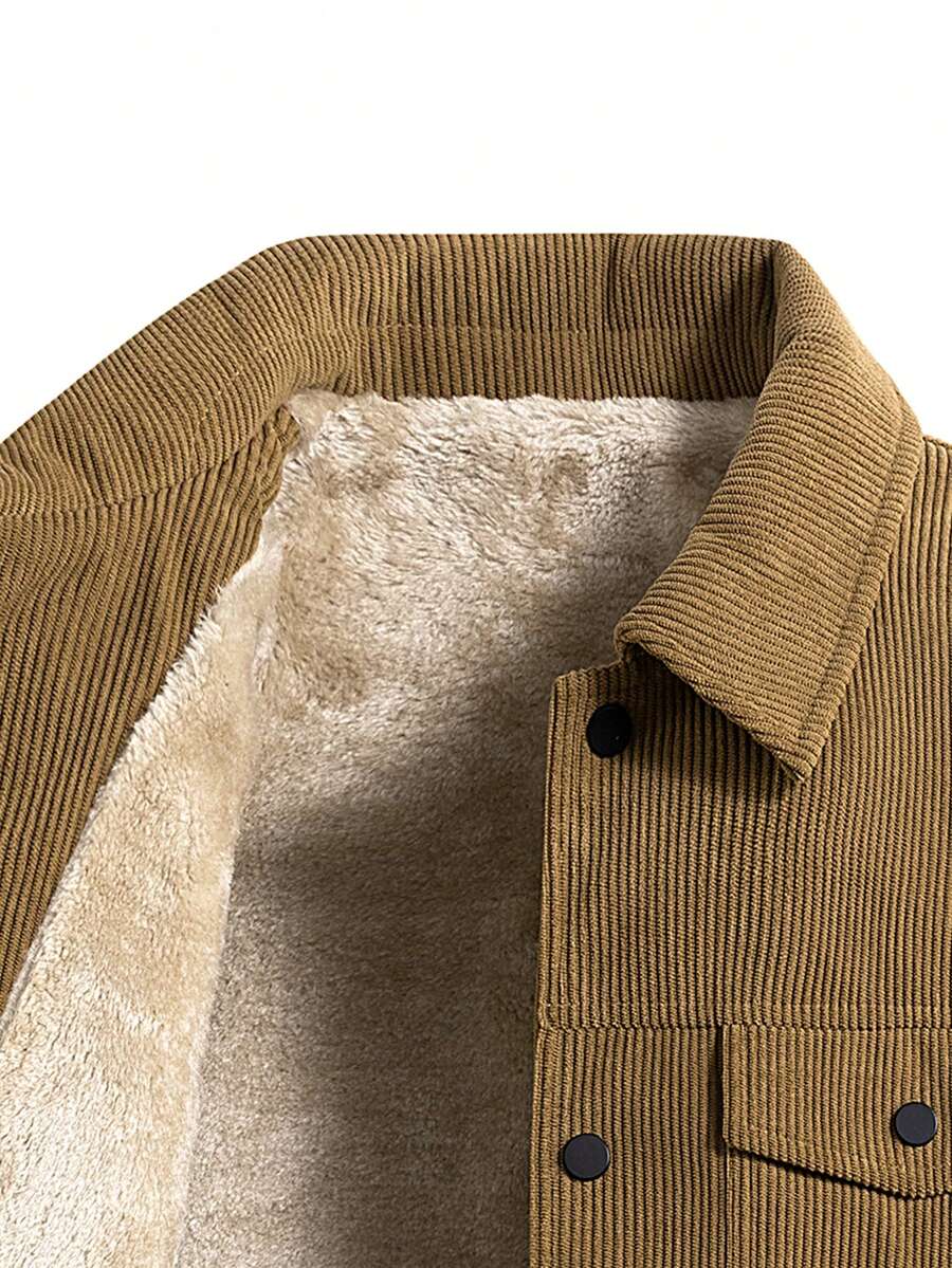 1pc Black Corduroy Thermal Lined Jacket, Outdoor Camping Style, Water-Resistant