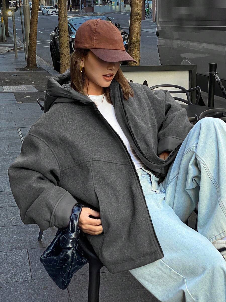 DAZY Women's Solid Color Drop Shoulder Long Sleeve Zipper Front Casual Hooded Winter Jacket