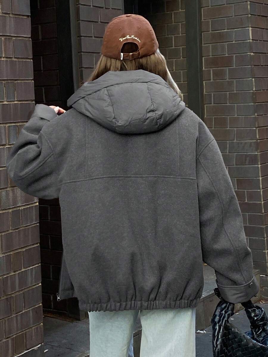 DAZY Women's Solid Color Drop Shoulder Long Sleeve Zipper Front Casual Hooded Winter Jacket