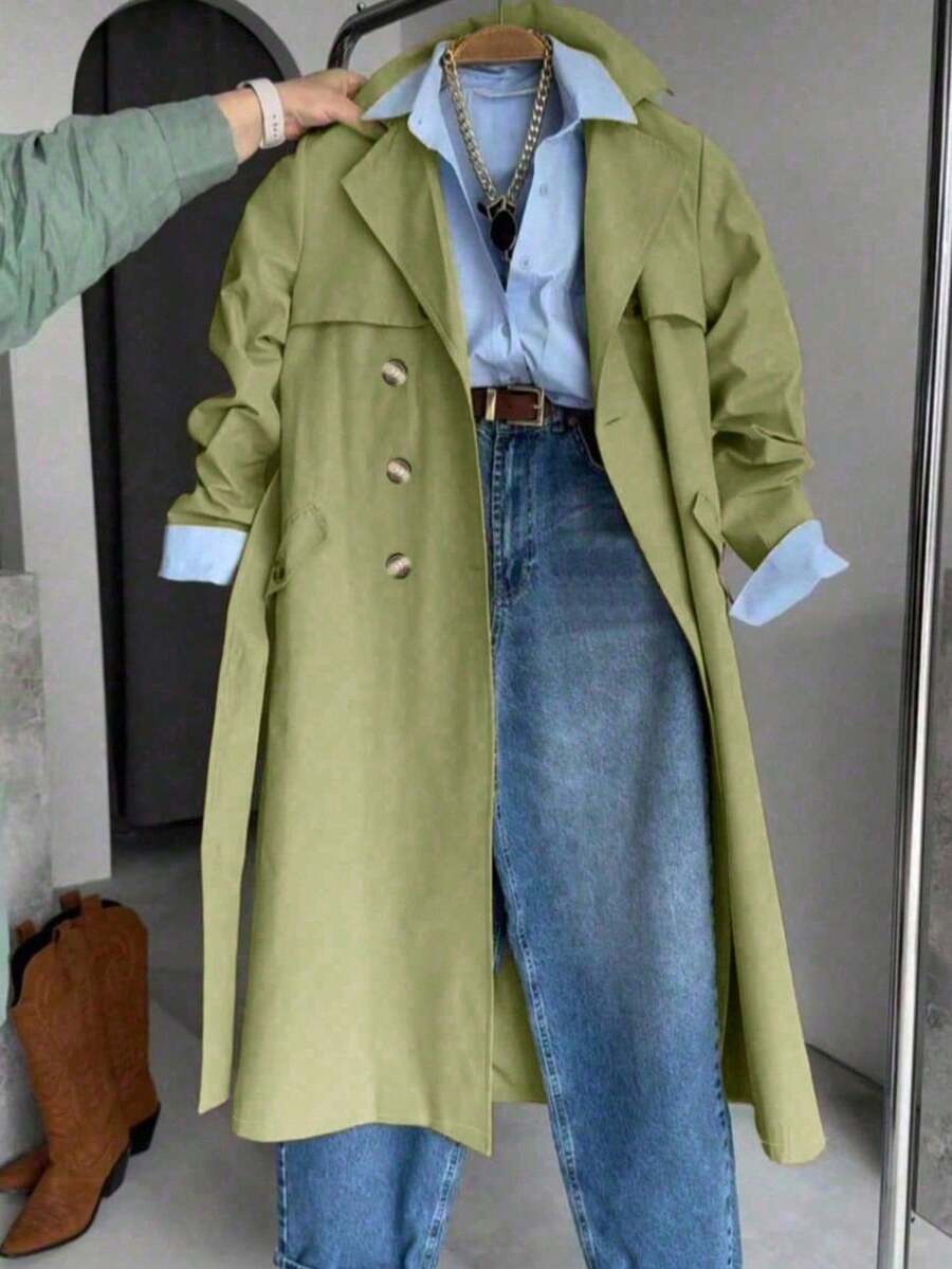Women's Solid Color Long Sleeve Single-Breasted Casual Trench Coat, Suitable For Autumn/Winter Daily Wear