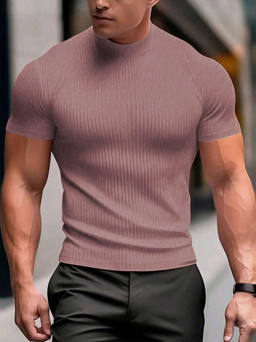 Manfinity Homme Men's Solid Color Ribbed Short Sleeve T-Shirt, Fall