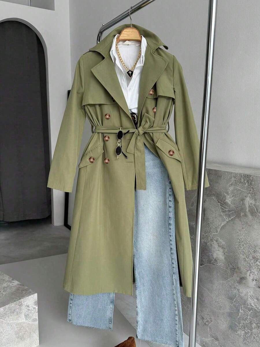 Women's Solid Color Long Sleeve Single-Breasted Casual Trench Coat, Suitable For Autumn/Winter Daily Wear