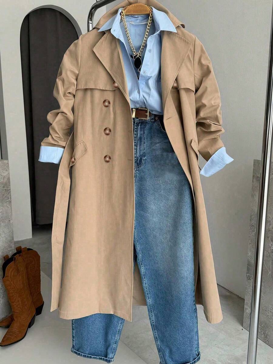 Women's Solid Color Long Sleeve Single-Breasted Casual Trench Coat, Suitable For Autumn/Winter Daily Wear